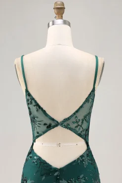 Bodycon Verde Escuro Backless Sheer Corset Homecoming Dress com Sequins
