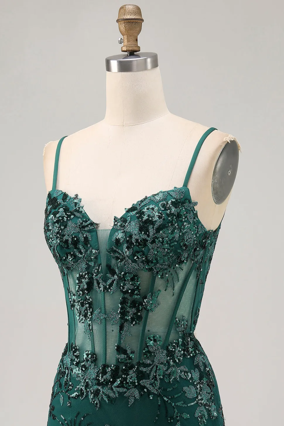 Bodycon Verde Escuro Backless Sheer Corset Homecoming Dress com Sequins