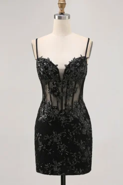Bodycon Verde Escuro Backless Sheer Corset Homecoming Dress com Sequins