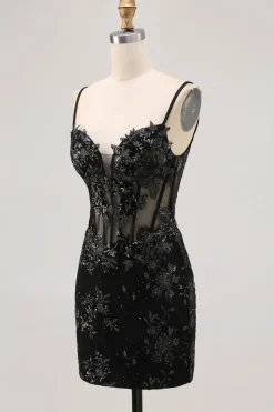 Bodycon Verde Escuro Backless Sheer Corset Homecoming Dress com Sequins