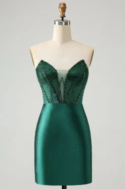 Bodycon verde escuro espartilho sem alças vestido curto de volta para casa