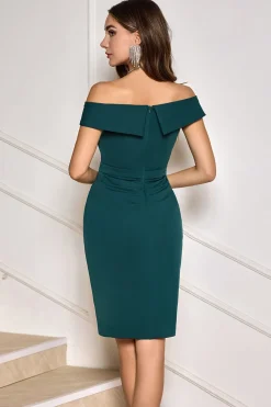 Bodycon verde escuro fora do ombro babado vestido de festa de coquetel