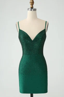 Bodycon verde escuro Spagehtti correias Backless Homecoming Dress com frisos