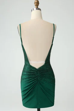 Bodycon verde escuro Spagehtti correias Backless Homecoming Dress com frisos
