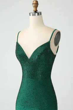 Bodycon verde escuro Spagehtti correias Backless Homecoming Dress com frisos