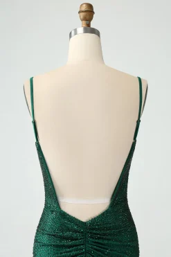 Bodycon verde escuro Spagehtti correias Backless Homecoming Dress com frisos