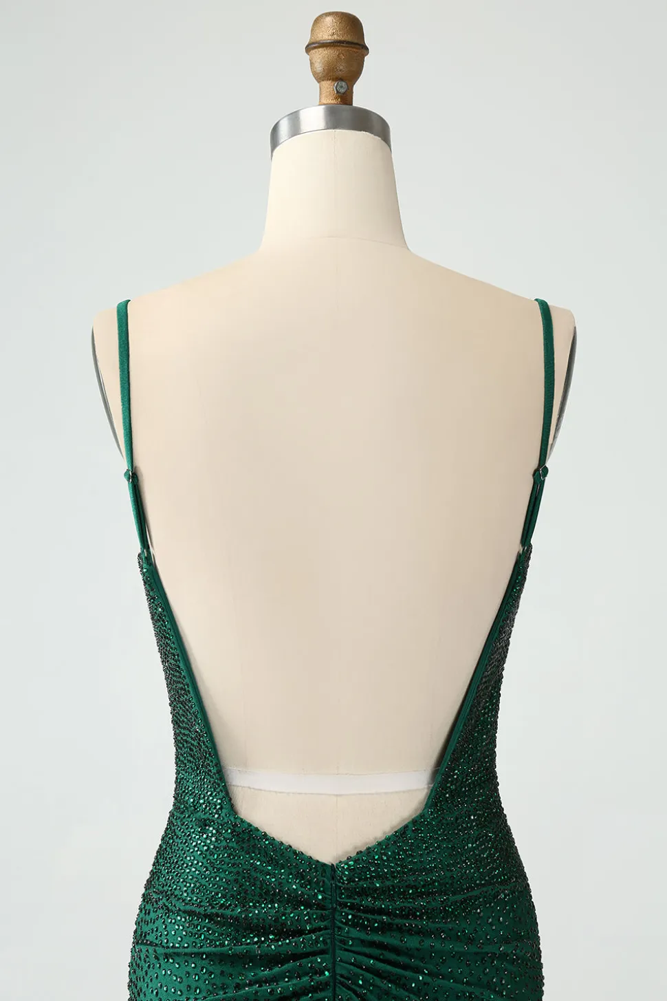 Bodycon verde escuro Spagehtti correias Backless Homecoming Dress com frisos