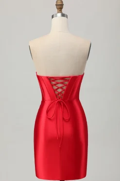 Bodycon vermelho espartilho frisado Homecoming vestido com fenda