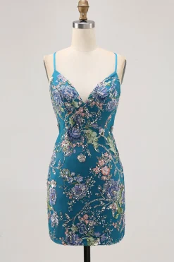 Bodycon Vestido Curto Pavão Floral Homecoming com Sequins