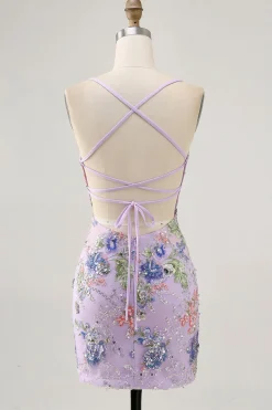 Bodycon Vestido Curto Pavão Floral Homecoming com Sequins