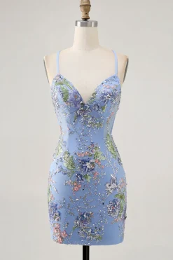 Bodycon Vestido Curto Pavão Floral Homecoming com Sequins