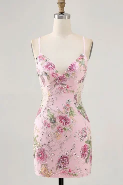 Bodycon Vestido Curto Pavão Floral Homecoming com Sequins