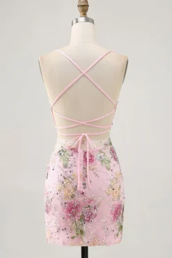 Bodycon Vestido Curto Pavão Floral Homecoming com Sequins