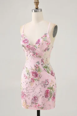 Bodycon Vestido Curto Pavão Floral Homecoming com Sequins