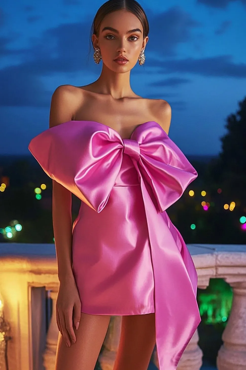Bodycon Vestido de cocktail curto Fuchsia com arco