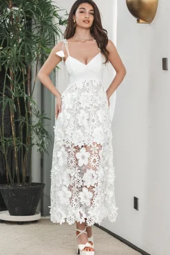 Boho branco flor bainha espaguete alças longo vestido de festa com renda