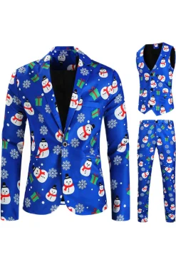Boneco de neve azul impresso 3 peças ternos de Natal masculinos