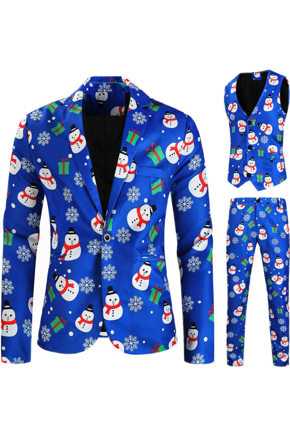 Boneco de neve azul impresso 3 peças ternos de Natal masculinos