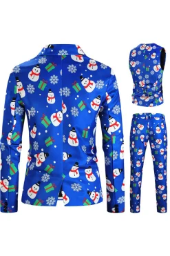 Boneco de neve azul impresso 3 peças ternos de Natal masculinos