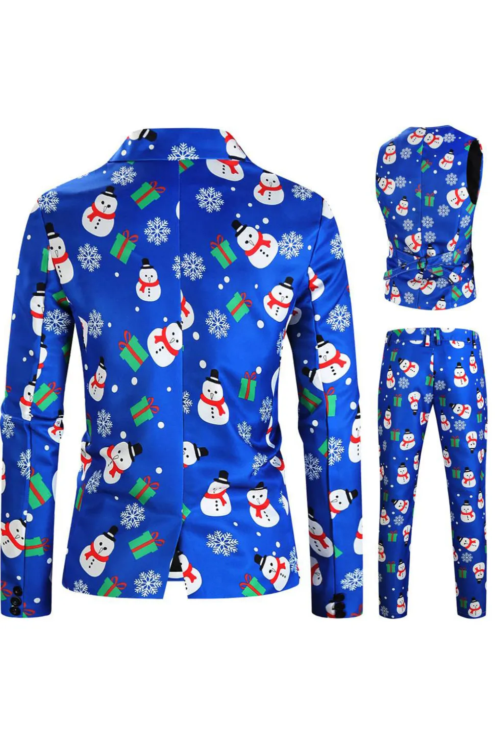 Boneco de neve azul impresso 3 peças ternos de Natal masculinos
