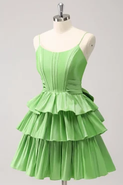 Bonito A Line Corset Verde plissado Tiered Short Homecoming Dress com laços