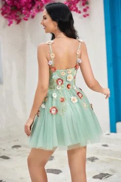 Bonito A Line Espaghetti Correias Verde Luz Vestido Curto Homecoming com Apliques