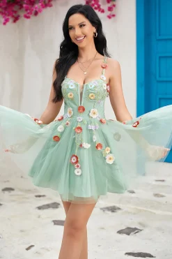 Bonito A Line Espaghetti Correias Verde Luz Vestido Curto Homecoming com Apliques