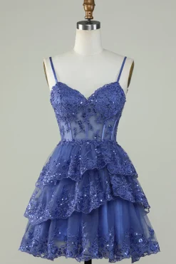 Bonito A Line Espaghetti Correias Azul Escuro Espartilho Brilhante Homecoming Dress