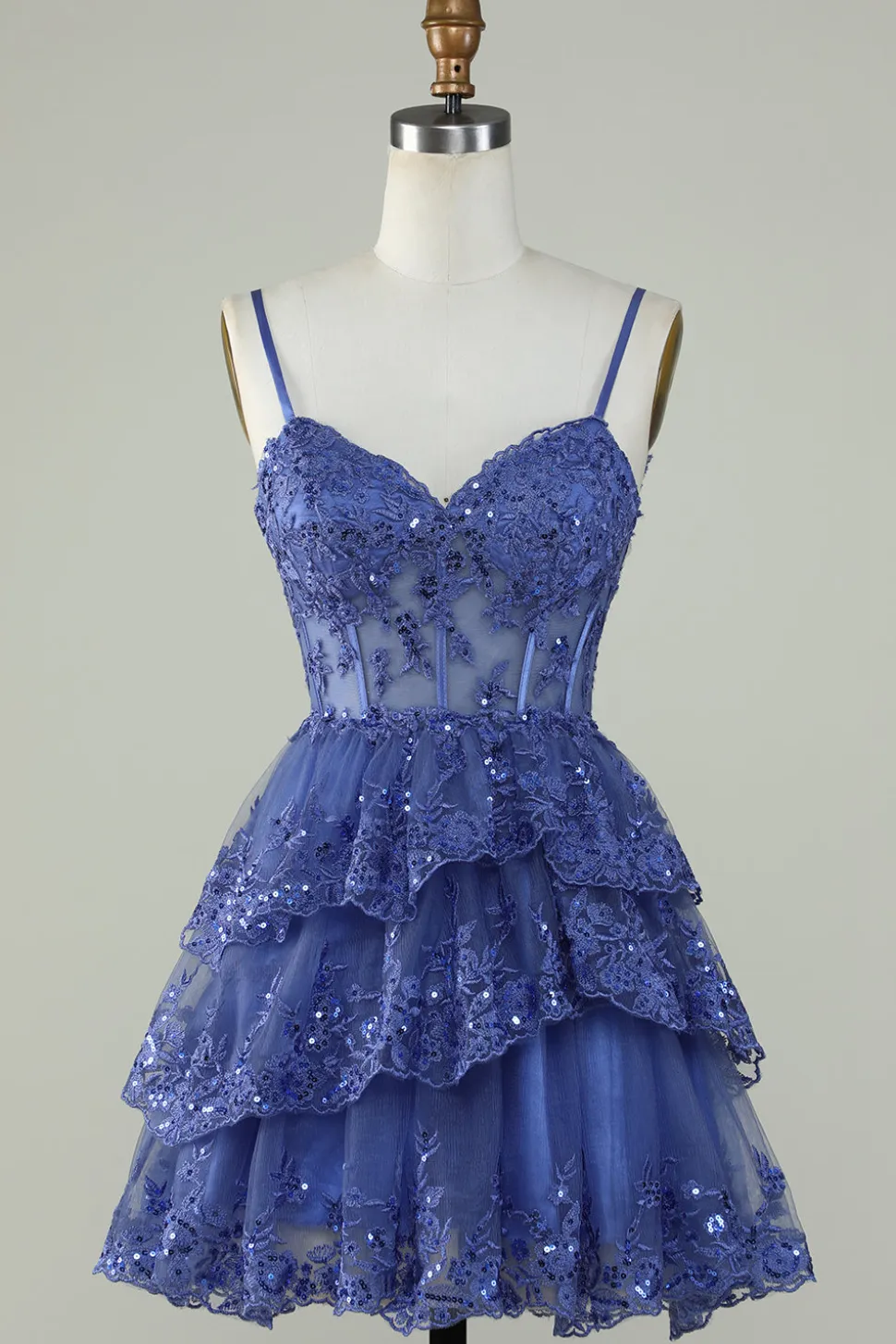 Bonito A Line Espaghetti Correias Azul Escuro Espartilho Brilhante Homecoming Dress