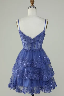 Bonito A Line Espaghetti Correias Azul Escuro Espartilho Brilhante Homecoming Dress