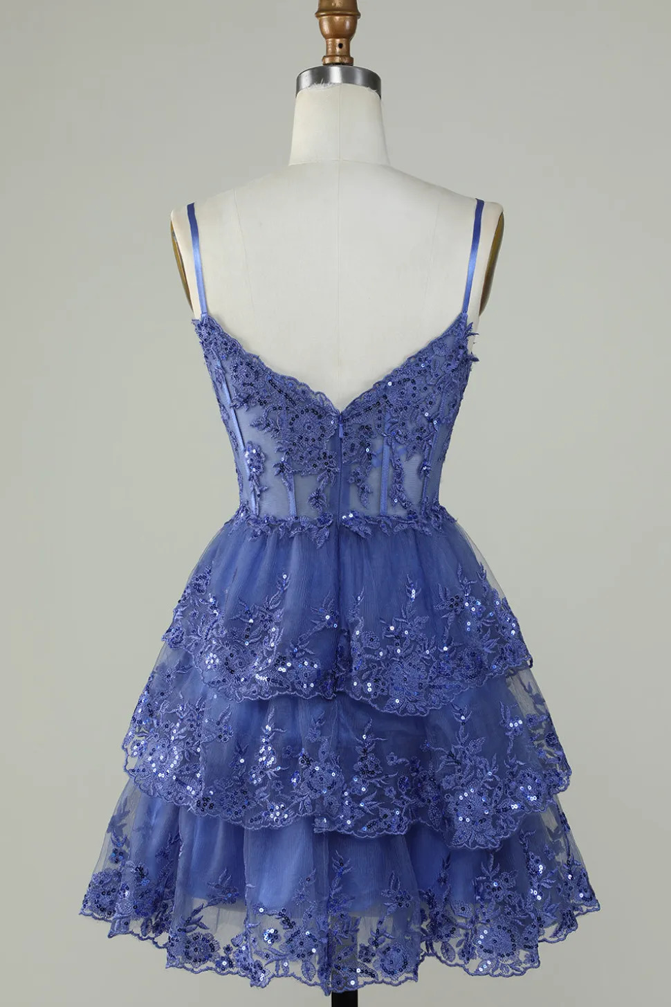 Bonito A Line Espaghetti Correias Azul Escuro Espartilho Brilhante Homecoming Dress