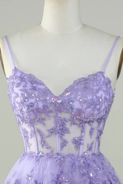 Bonito A Line Espaghetti Correias Azul Escuro Espartilho Brilhante Homecoming Dress
