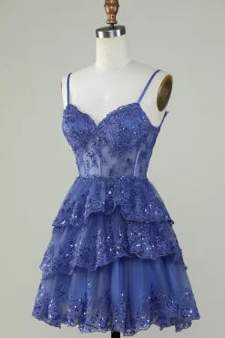 Bonito A Line Espaghetti Correias Azul Escuro Espartilho Brilhante Homecoming Dress