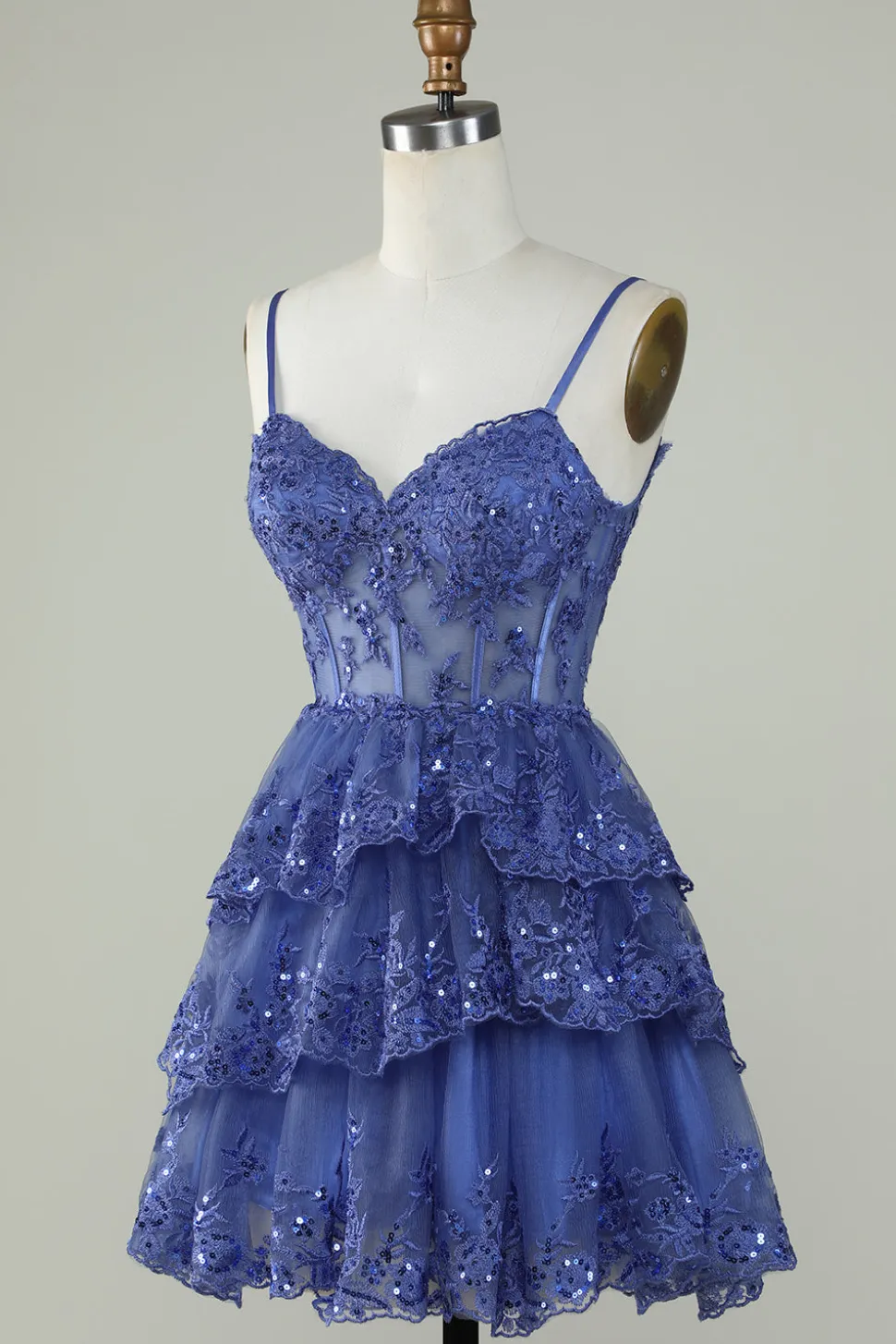Bonito A Line Espaghetti Correias Azul Escuro Espartilho Brilhante Homecoming Dress