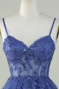 Bonito A Line Espaghetti Correias Azul Escuro Espartilho Brilhante Homecoming Dress
