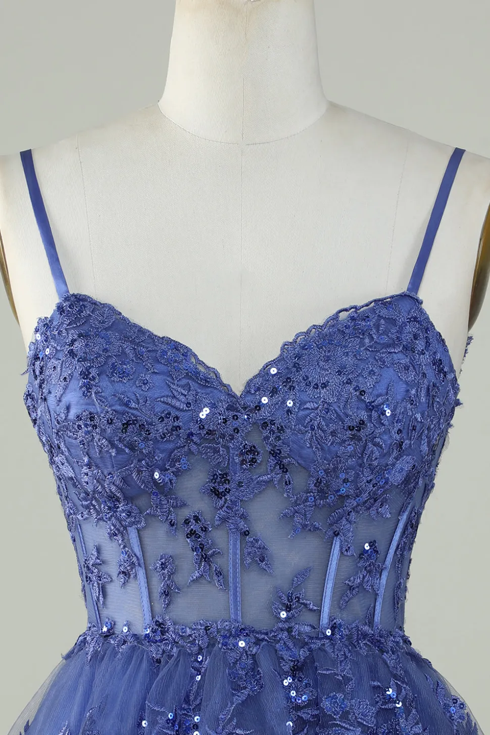 Bonito A Line Espaghetti Correias Azul Escuro Espartilho Brilhante Homecoming Dress