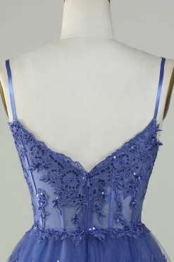 Bonito A Line Espaghetti Correias Azul Escuro Espartilho Brilhante Homecoming Dress