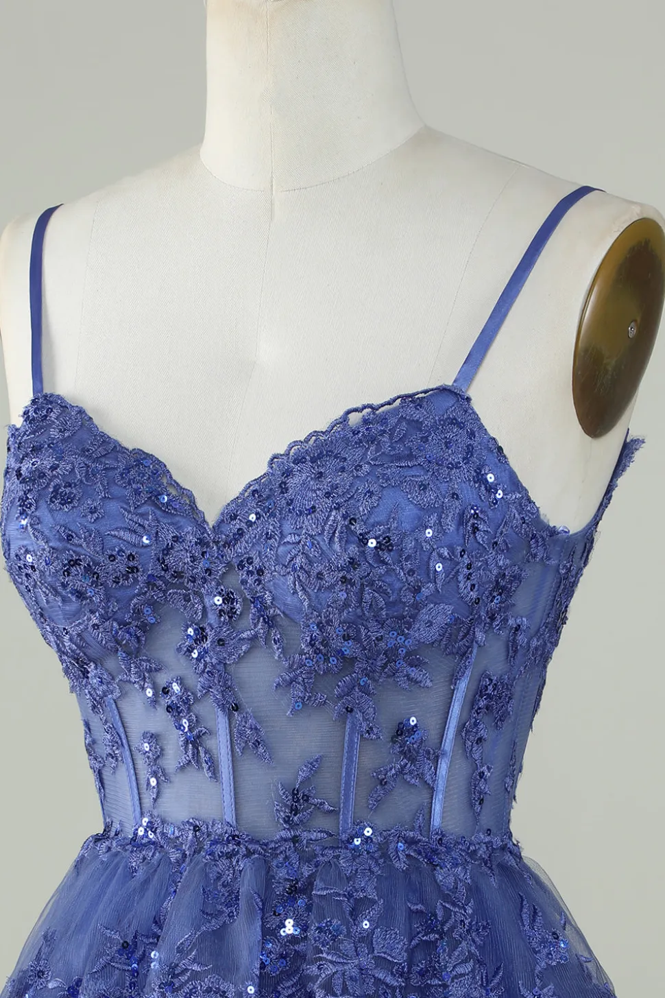 Bonito A Line Espaghetti Correias Azul Escuro Espartilho Brilhante Homecoming Dress