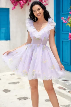 Bonito A Line Lavanda Fora do Ombro Corset Homecoming Dress com Folhos