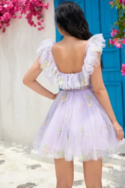 Bonito A Line Lavanda Fora do Ombro Corset Homecoming Dress com Folhos