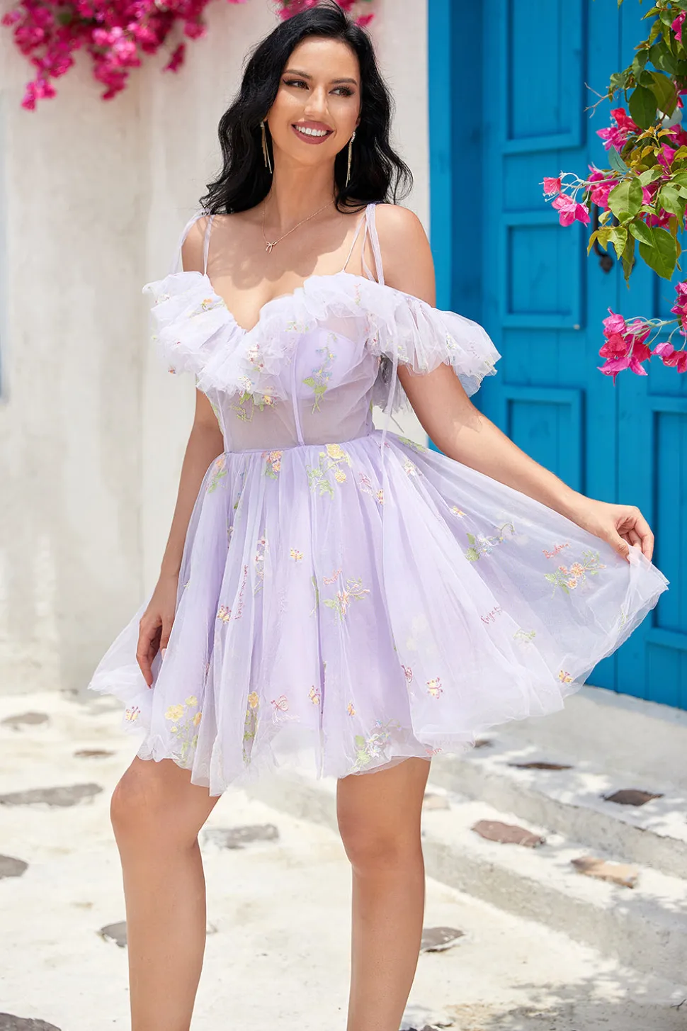 Bonito A Line Lavanda Fora do Ombro Corset Homecoming Dress com Folhos