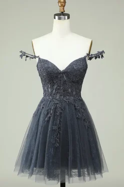 Bonito A Line Spaghetti Correias Cinzento Vestido Curto Homecoming com Apliques