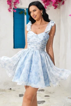Bonito A Line Spaghetti Correias Azul Estampado Vestido Curto Homecoming