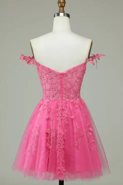 Bonito A Line Spaghetti Straps Rosa Vestido Curto Homecoming com Apliques