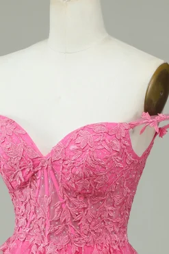 Bonito A Line Spaghetti Straps Rosa Vestido Curto Homecoming com Apliques