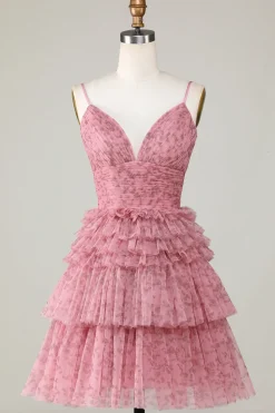 Bonito A Line Spaghetti Straps Blush Homecoming Dress com Folhos