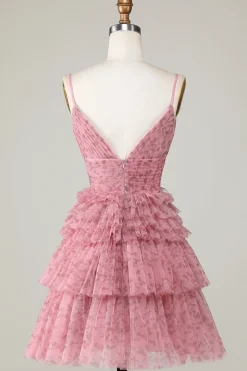 Bonito A Line Spaghetti Straps Blush Homecoming Dress com Folhos