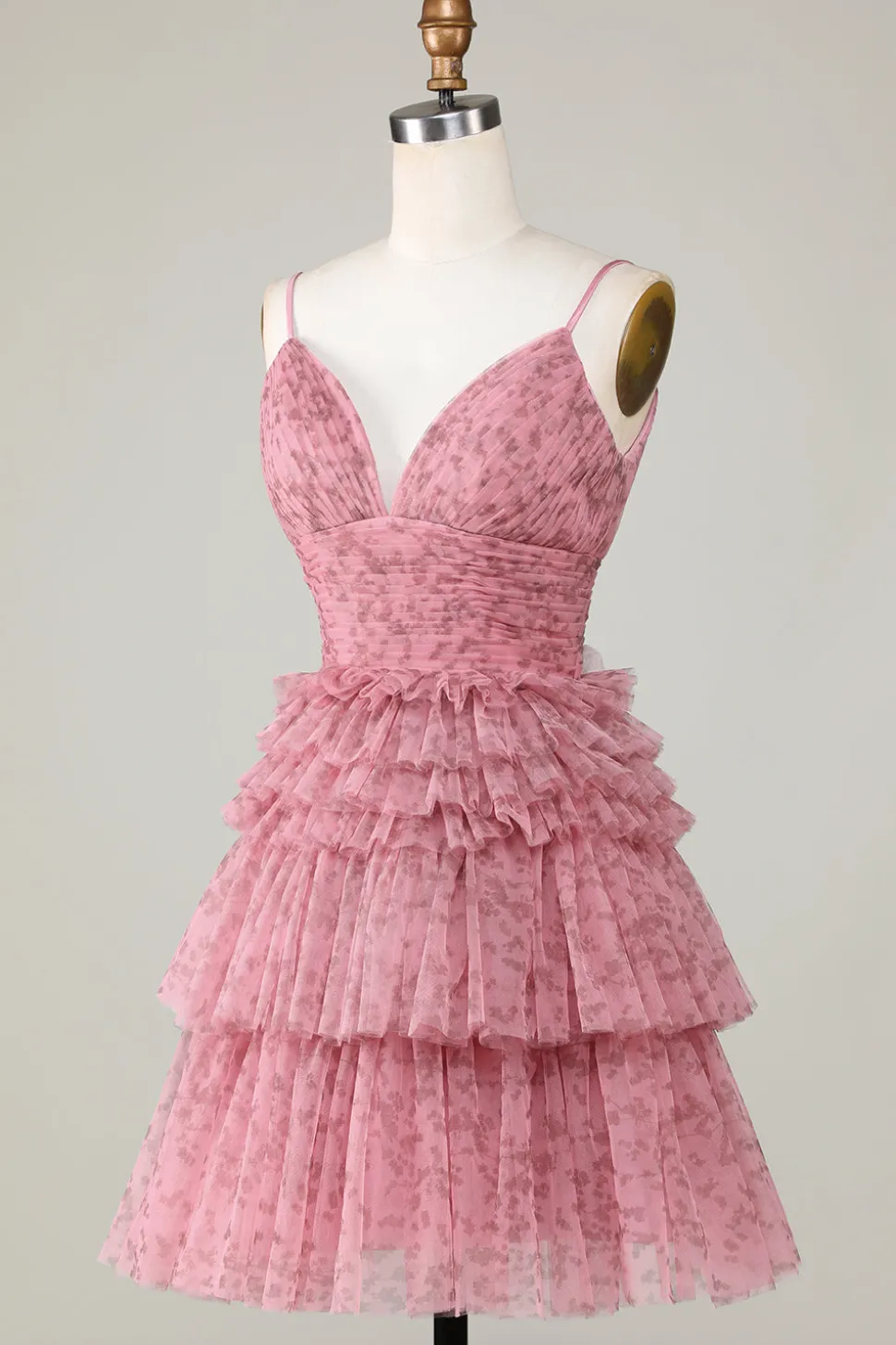 Bonito A Line Spaghetti Straps Blush Homecoming Dress com Folhos
