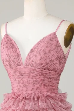 Bonito A Line Spaghetti Straps Blush Homecoming Dress com Folhos