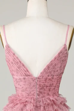Bonito A Line Spaghetti Straps Blush Homecoming Dress com Folhos
